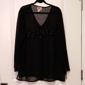 La Femme Sheer Embellished beads & sequins Black button down shirt 2X
